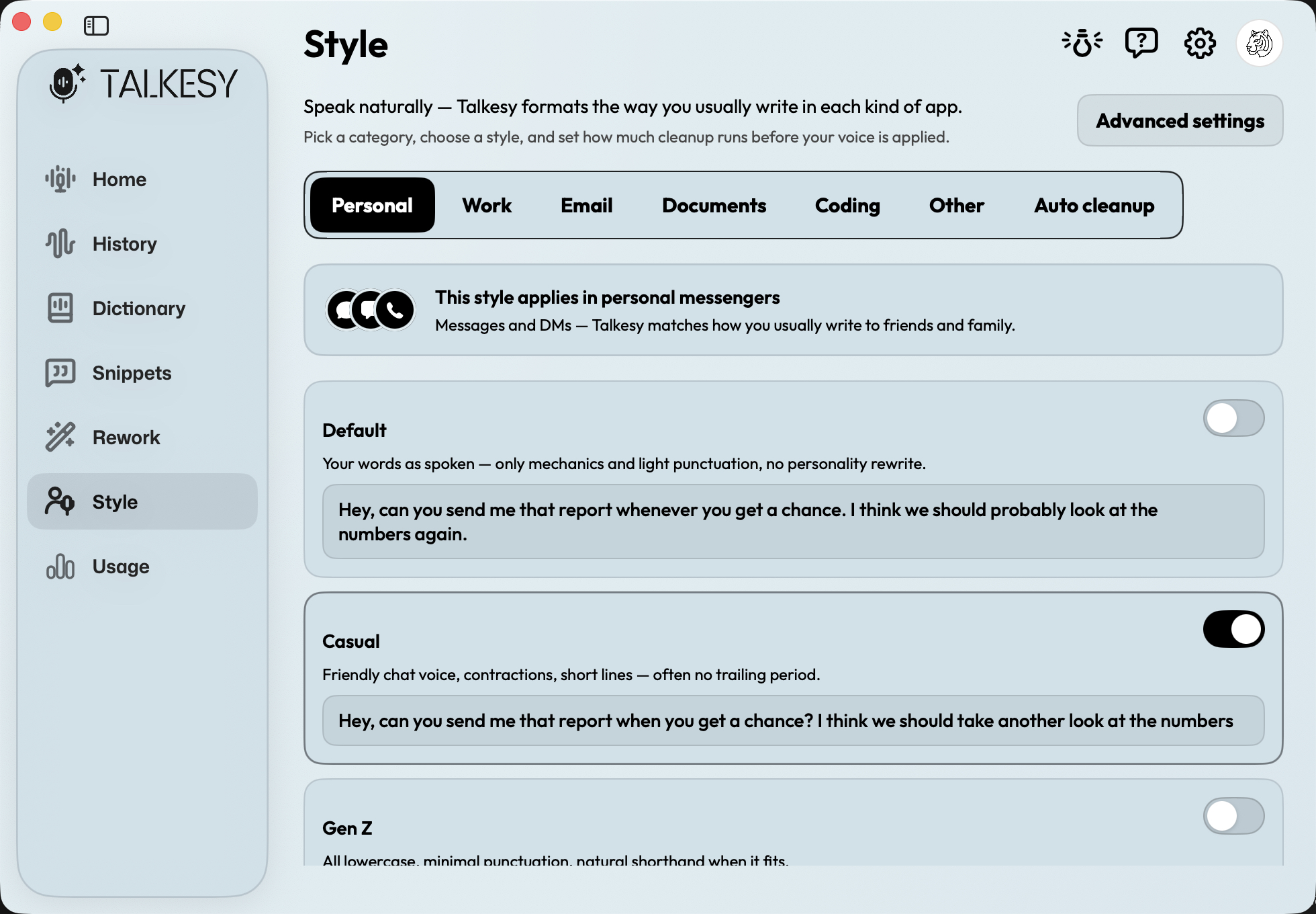 Talkesy Style settings — personal messenger writing styles